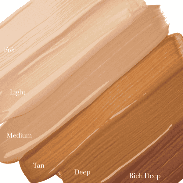 Foundation shades: fair to rich deep swatches.