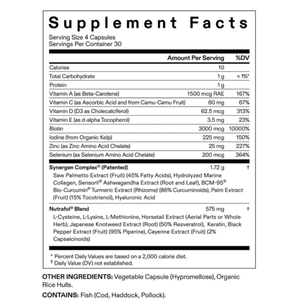 Supplement facts showing vitamins, minerals, and ingredients.