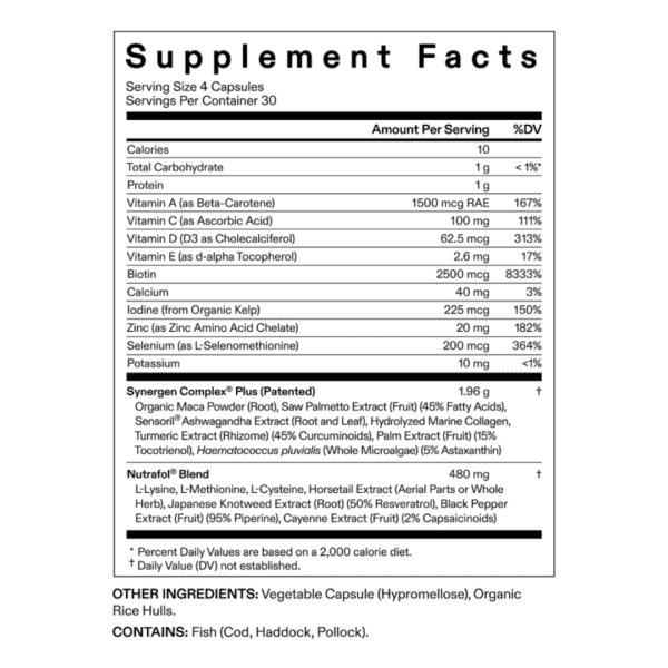 Supplement facts for health capsules.
