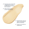 Cream swatch with skincare benefits description.